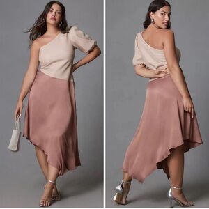 By Anthropologie Faux Leather One-Shoulder Asymmetrical Midi Dress Size 16W